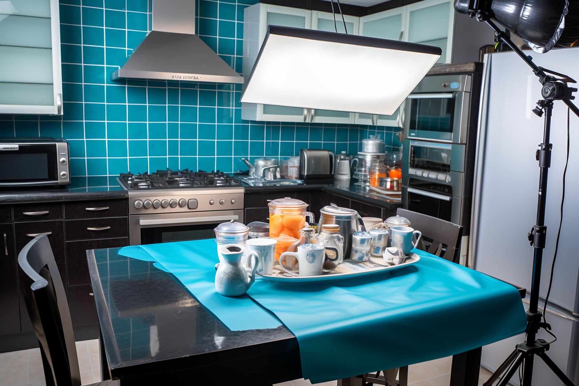 Interior of a small modern kitchen studio with tech equipment
